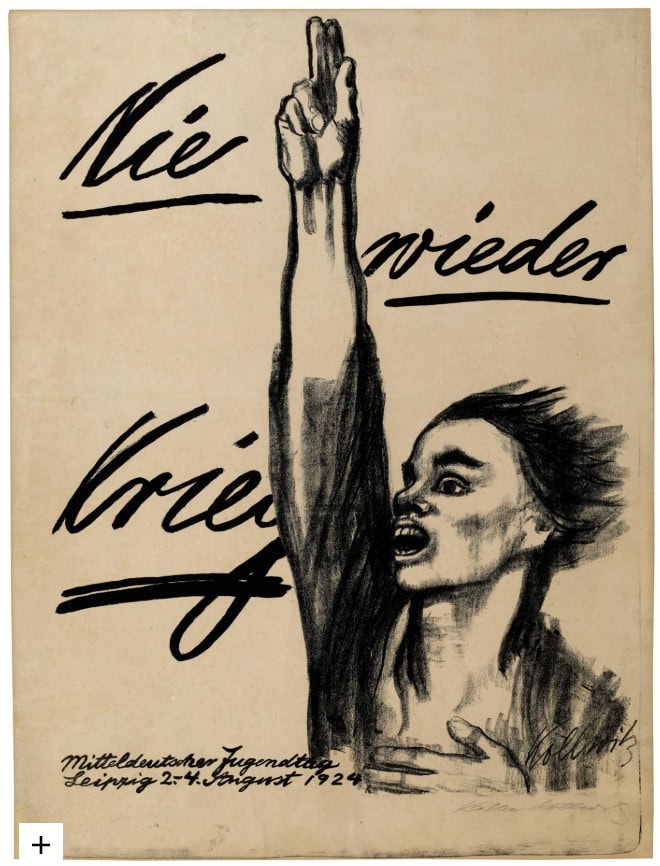 "Ein junger Mann erhebt mit leidenschaftlicher Gebärde die Hand zum Schwur, sein Arm ist, die ganze Bildhöhe ausfüllend, emporgereckt; die linke Hand hat er zur Bekräftigung des Eids auf sein Herz gelegt und sein Mund ist aufgerissen zu dem Ruf: »Nie wieder Krieg!« Eindringlich hat dieser beschwörende Appell, durch den Käthe Kollwitz den Betrachter zur Identifikation auffordert, in dem Jungen Gestalt angenommen. Dieser steht gegen einen scharfen Wind gewandt, die Haare wehen, sein Gesichtsausdruck verrät äußerste Anspannung. Die Darstellung wird – graphisch ideal gelöst – durch die schwungvolle Handschrift der Kollwitz ergänzt. Der das Bild beherrschende, hochgereckte Arm überschneidet teilweise das von der Kollwitz zweimal kräftig unterstrichene Wort ›Krieg‹ und dient so gleichzeitig als Ausrufezeichen."