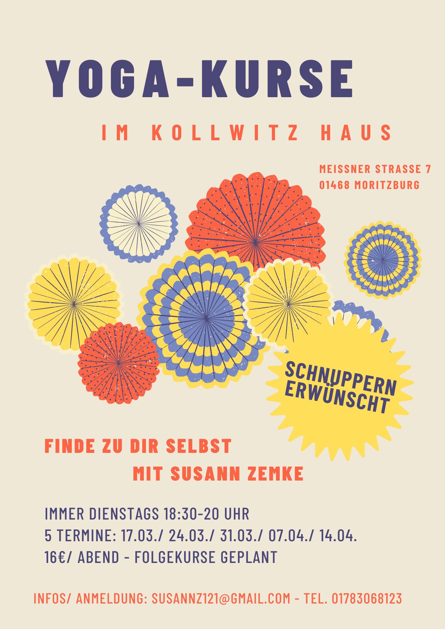 buntes Werbeplakat mit der Aufschrift Yoga Kurse Start 17.3.2026 immer dienstags 18:30 Uhr bis 20:00 Uhr