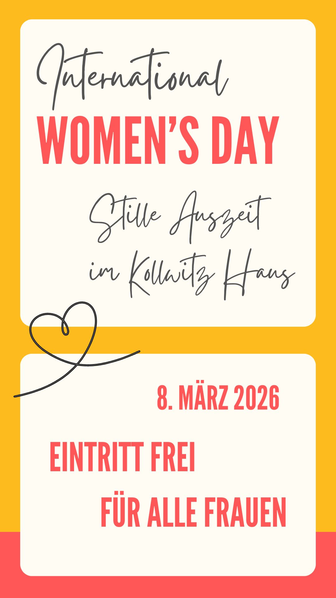 Werbeanzeige Internationaler Frauentag, Herz, Eintritt frei Aufschrift